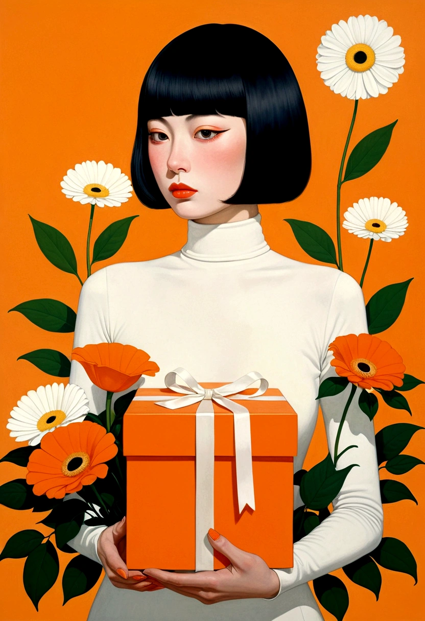 Magazine of Poster design, face is a huge orange gift box, flowers, ribbons, white turtleneck, fantasy, minimalist, fantasy, in style of Hayv Kahraman,a beautiful painting by Yayoi Kusama,by Andrey Remnev,Modern Art,Fantastic Realism,Surreal,Ethereal, Decopunk,Chest Shot(MCU),close up,