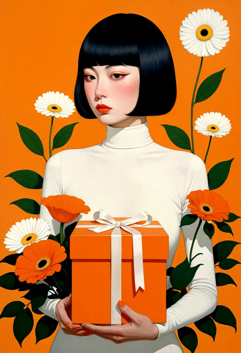 Magazine of Poster design, face is a huge orange gift box, flowers, ribbons, white turtleneck, fantasy, minimalist, fantasy, in ...