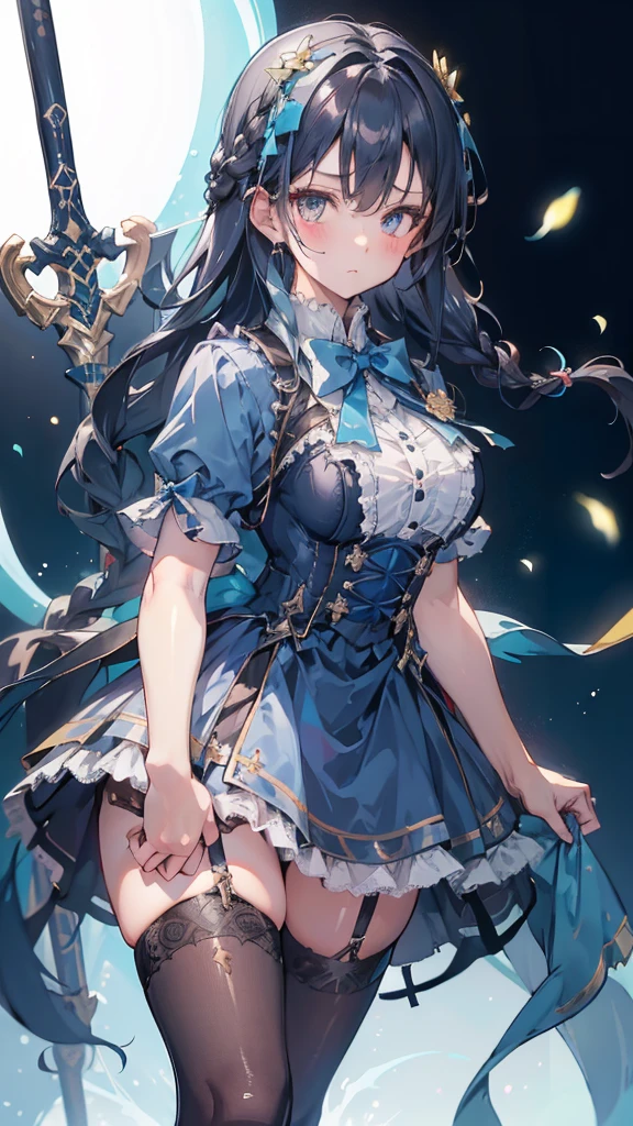 chica de pelo negro，chica indiferente，pupilas doradas，pelo largo negro，trenza，trenza，脑后trenza，falda lolita，Vestido lolita azul，estilo lolita，falda azul，falda azul，falda azul，falda azul，蓝白falda lolita，Vestido azul，Vestido azul，pajarita roja，pajarita roja，单条trenza，单条trenza，短trenza，Estilo represivo，Medias de liga，Medias de liga，Medias de liga，pechos grandes，gran espada，手持gran espada，手持gran espada，gran espada