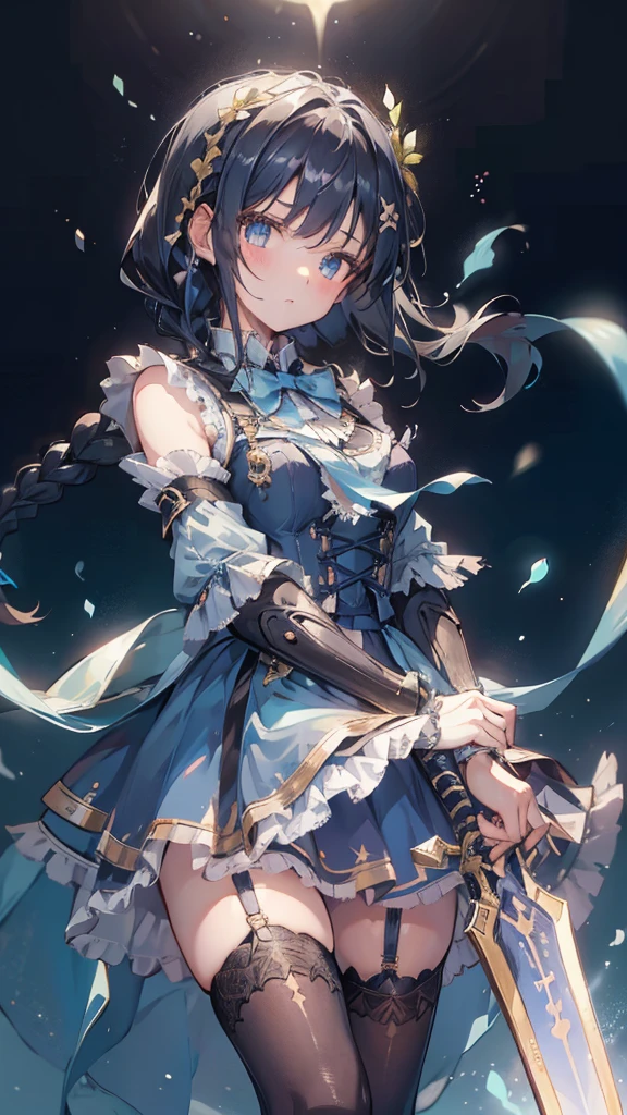 chica de pelo negro，chica indiferente，pupilas doradas，pelo largo negro，trenza，trenza，脑后trenza，falda lolita，Vestido lolita azul，estilo lolita，falda azul，falda azul，falda azul，falda azul，蓝白falda lolita，Vestido azul，Vestido azul，pajarita roja，pajarita roja，单条trenza，单条trenza，短trenza，Estilo represivo，Medias de liga，Medias de liga，Medias de liga，pechos grandes，gran espada，手持gran espada，手持gran espada，gran espada