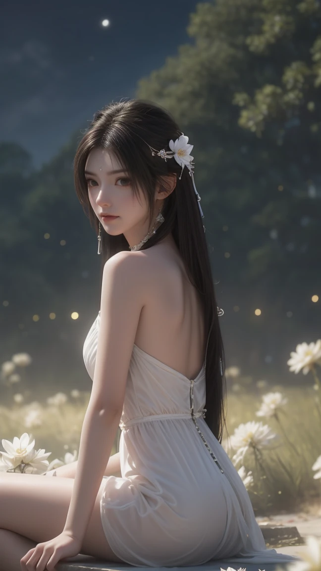 1girl, girl with long black hair, smiling, cheerful, the girl wearing white long dress, girl is sitting among a wide expanse of flowers,girl posing gracefully , surrounded by beautiful flowers, Calm and peaceful atmosphere, night, moonlight , Beautiful glowing butterflies surround the girl lighting up the darkness of the night, magic,Romantic, the night breeze blows the Sepoi Sepoi girl's hair, 