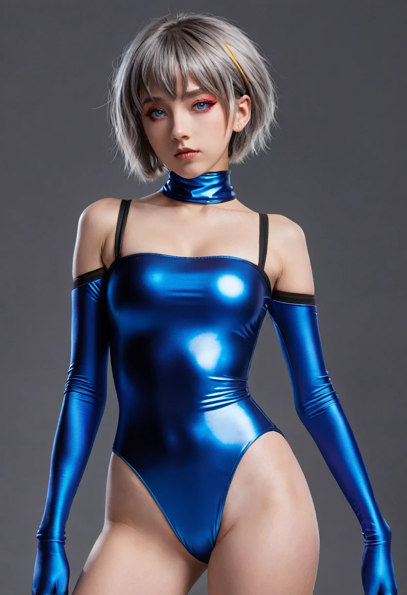 cyber punk edgerunners, One girl, Lucy (cyber punk), Bare shoulders, blue eyes, chest, leotard, View your viewers, medium chest, Off the shoulderジャケット, Off the shoulder, Red eyeliner, short hair, sleeveless turtleneck leotard, alone, turtleneck leotard, Gray Hair, ((masterpiece)) (Highest quality, masterpiece), standing, front view, 