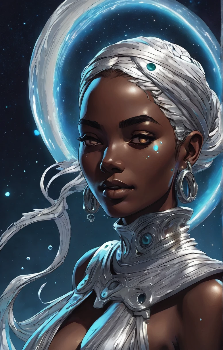 dgst artstyle, graphic illustration, comic art, graphic novel art, vibrant, dark and moody from the side of a stunning Djiboutian woman with a shy smile,  looking at viewer, ((space_style:0.6), cosmic outer space theme:1.1), mercury-sorcerer, focused, surrounded by tendrils of swirling quicksilver,   alchemical symbolism,   heavy metallic liquid,     slippery, dynamic pose, fluid movement, floating particles, drops of mercury, flowing metal,  silver colour scheme, radiance of mercury underground dungeon in background, flowing mercury formations, volumetric lighting, cinematic atmosphere, high quality, 4k, highly detailed