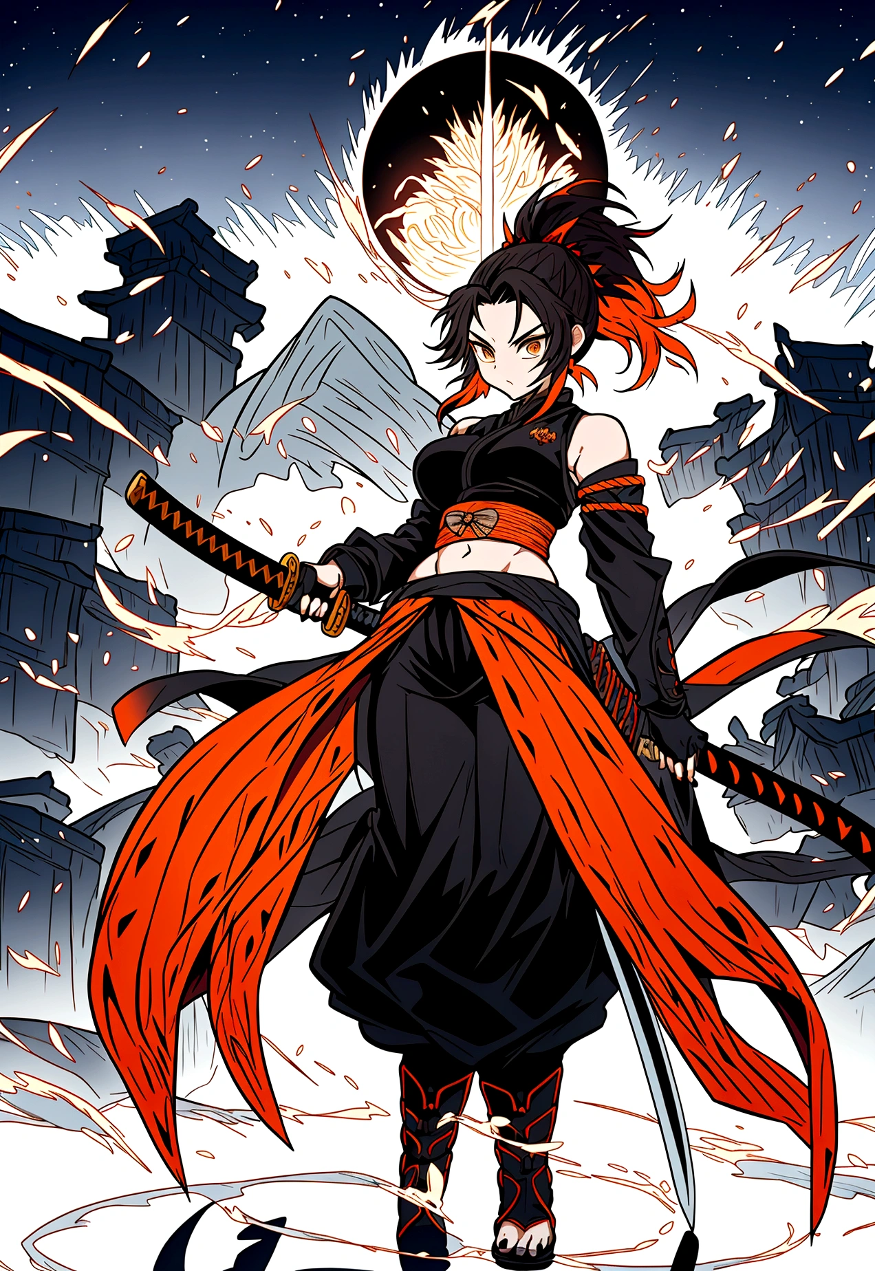 A warrior woman inspired by "Demon Slayer" wears a stylish and powerful Hashira uniform. She wears a black top that reveals her toned stomach, paired with fitted black pants. Black kimono has tips adorned with a gradient of flames, from yellow to orange. She has medium black hair, loose and curled, emoldurando seu rosto. His dark brown eyes exude determination and wisdom.. She holds a katana tightly, and around you, there is an aura of dancing flames, reflecting its intense presence. The scenery is dramatic, with a full moon in the sky. shoulders showing, tight-fitting glove up to the forearm 
