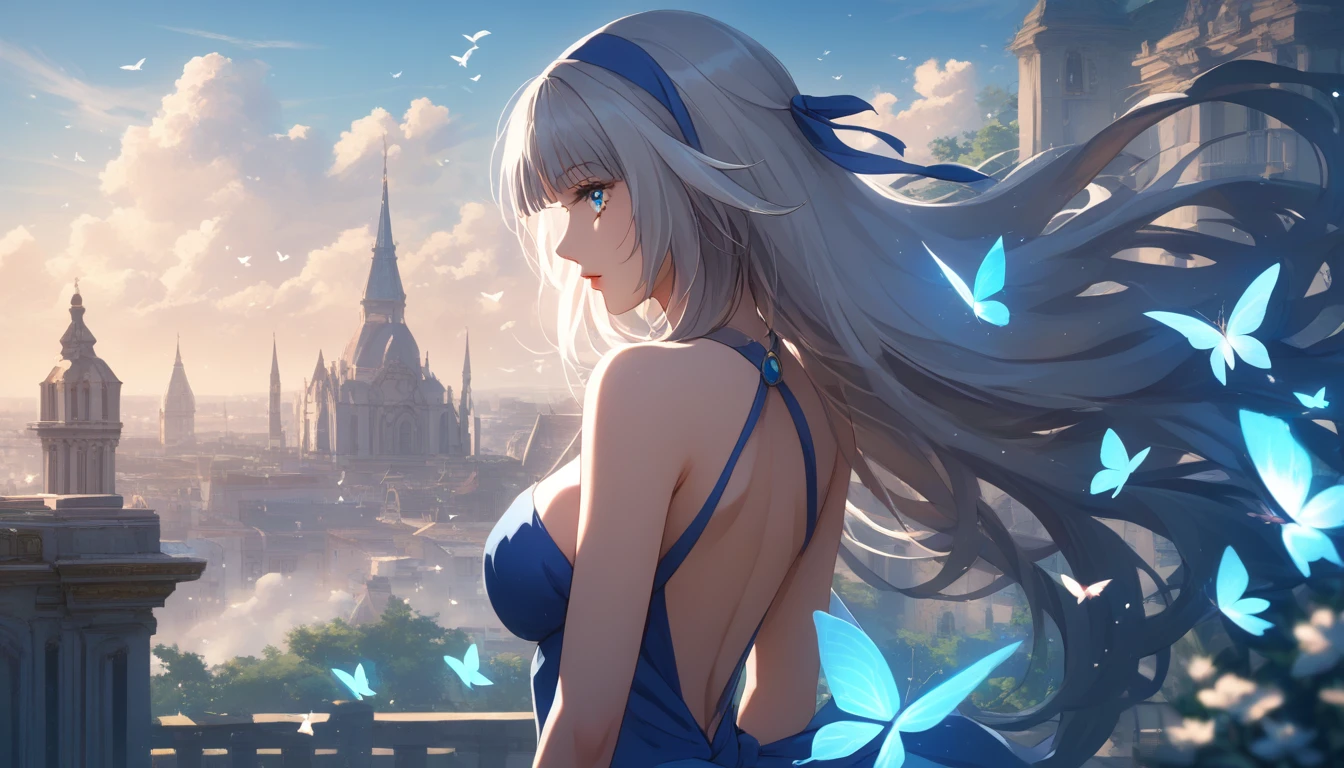 score_9, score_8_up, score_7_up, score_6_up, uncensored, mylene, long hair, silver hair, blue hairband, blue eyes, BREAK (masterpiece:1.2), best quality, high resolution, (illustration:0.8), (detailed eyes:1.3), perfect lighting, (perfect hands, perfect anatomy), large breasts, looking at viewer, letterboxed, butterfly, insect, bug, 1girl, blue_butterfly, cloud, sky, solo, back, bare_shoulders, breasts, building, dress, bird, cloudy_sky, outdoors, black_dress, lips, profile, blue_sky, from_behind, eyelashes, sleeveless, glow effects, godrays, Hand drawn, Vivid colors, extremely detailed CG unity 8k wallpaper, trending on CGSociety, Intricate, High Detail, dramatic,