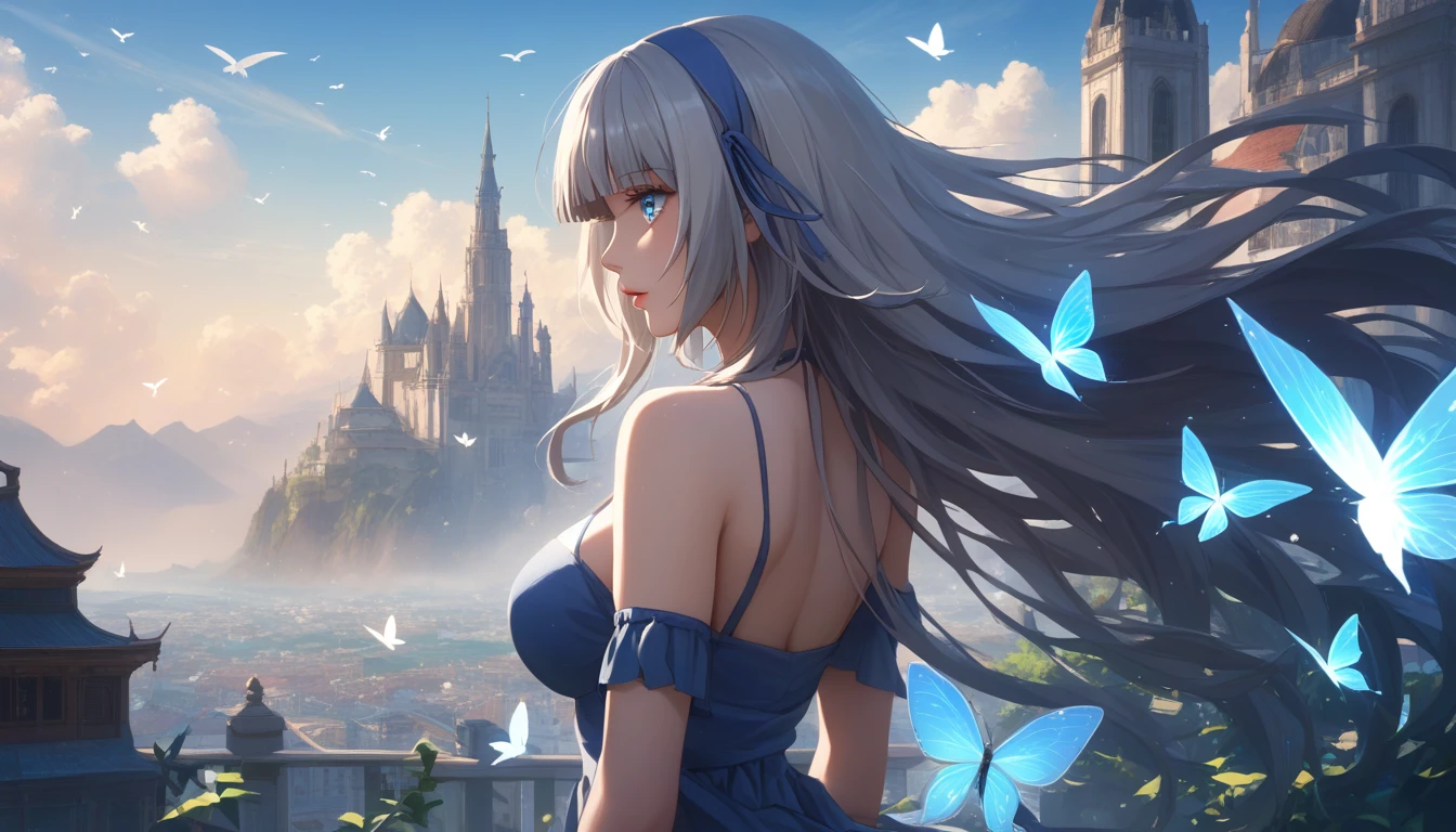 score_9, score_8_up, score_7_up, score_6_up, uncensored, mylene, long hair, silver hair, blue hairband, blue eyes, BREAK (masterpiece:1.2), best quality, high resolution, (illustration:0.8), (detailed eyes:1.3), perfect lighting, (perfect hands, perfect anatomy), large breasts, looking at viewer, letterboxed, butterfly, insect, bug, 1girl, blue_butterfly, cloud, sky, solo, back, bare_shoulders, breasts, building, dress, bird, cloudy_sky, outdoors, black_dress, lips, profile, blue_sky, from_behind, eyelashes, sleeveless, glow effects, godrays, Hand drawn, Vivid colors, extremely detailed CG unity 8k wallpaper, trending on CGSociety, Intricate, High Detail, dramatic,