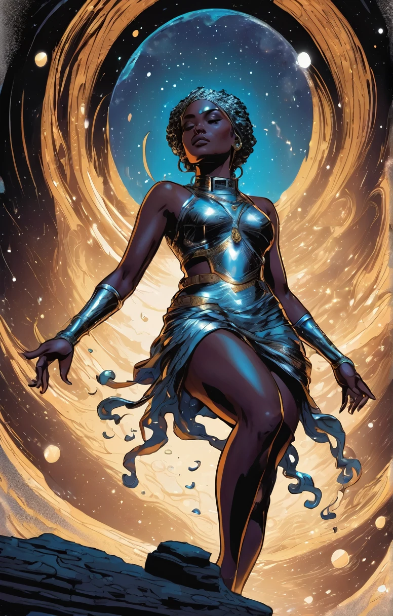 dgst artstyle, graphic illustration, comic art, graphic novel art, vibrant, dark and moody from the side of a stunning Djiboutian woman with a shy smile, looking at viewer, ((space_style:0.6), cosmic outer space theme:1.1), mercury-sorcerer, focused, surrounded by tendrils of swirling quicksilver, alchemical symbolism, heavy metallic liquid, slippery, dynamic pose, fluid movement, floating particles, drops of mercury, flowing metal, silver colour scheme, radiance of mercury underground dungeon in background, flowing mercury formations, volumetric lighting, cinematic atmosphere, high quality, 4k, highly detailed