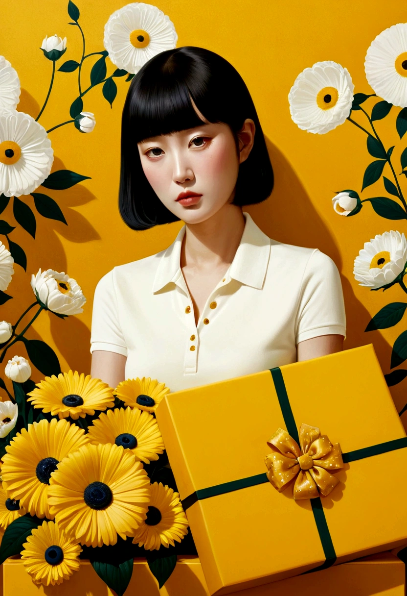 Poster design for a magazine with the face of a huge yellow-colored gift box, flowers, ribbons, white polo shirt, fantasy, minimalism, fantasy, Hayv Kahraman style, beautiful paintings of Yayoi Kusama, works of Andrey Remnev, modern art, fantasy realism, surrealism, ethereal, Decopunk, close-ups of  (MCU),