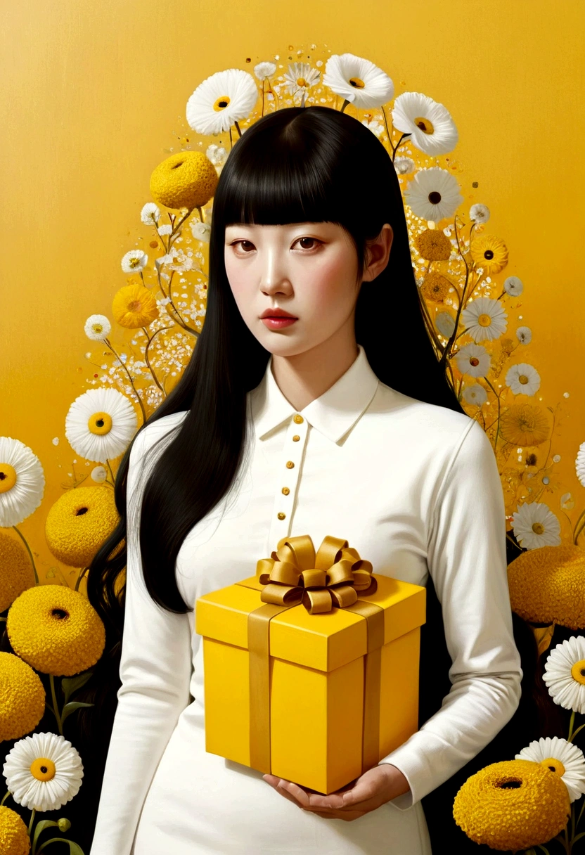 Poster design for a magazine with the face of a huge yellow-colored gift box, flowers, ribbons, white polo shirt, fantasy, minimalism, fantasy, Hayv Kahraman style, beautiful paintings of Yayoi Kusama, works of Andrey Remnev, modern art, fantasy realism, surrealism, ethereal, Decopunk, close-ups of  (MCU),