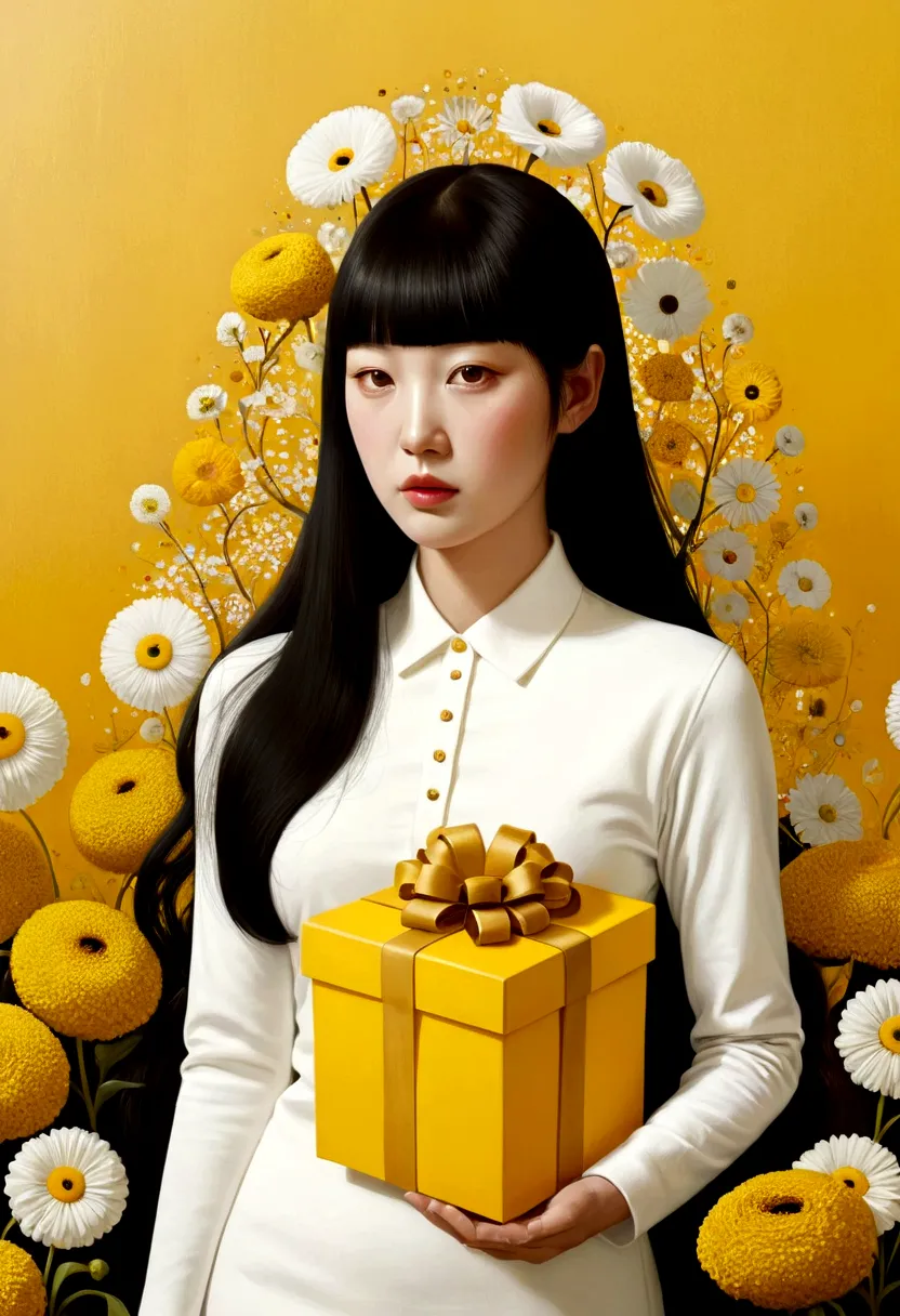 Poster design for a magazine with the face of a huge yellow-colored gift box, flowers, ribbons, white polo shirt, fantasy, minim...