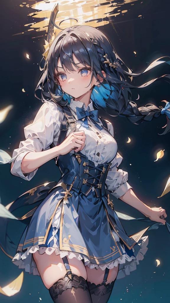 Black-haired girl，Indifferent girl，Golden pupils，Black long hair，braid，braid，脑后braid，Lolita skirt，Blue Lolita Dress，Lolita style，Blue Skirt，Blue Skirt，Blue Skirt，Blue Skirt，蓝白Lolita skirt，Blue Dress，Blue Dress，Red bow tie，Red bow tie，单条braid，单条braid，短braid，Repressive style，Garter stockings，Garter stockings，Garter stockings，Big breasts，Great Sword，手持Great Sword，手持Great Sword，Great Sword