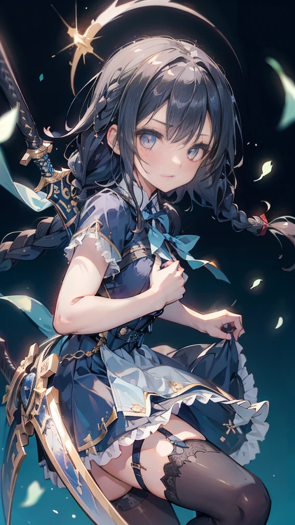 Black-haired girl，Indifferent girl，Golden pupils，Black long hair，braid，braid，脑后braid，Lolita skirt，Blue Lolita Dress，Lolita style，Blue Skirt，Blue Skirt，Blue Skirt，Blue Skirt，蓝白Lolita skirt，Blue Dress，Blue Dress，Red bow tie，Red bow tie，单条braid，单条braid，短braid，Repressive style，Garter stockings，Garter stockings，Garter stockings，Big breasts，Great Sword，手持Great Sword，手持Great Sword，Great Sword