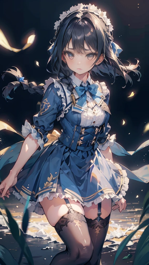 Black-haired girl，Indifferent girl，Golden pupils，Black long hair，braid，braid，脑后braid，Lolita skirt，Blue Lolita Dress，Lolita style，Blue Skirt，Blue Skirt，Blue Skirt，Blue Skirt，蓝白Lolita skirt，Blue Dress，Blue Dress，Red bow tie，Red bow tie，单条braid，单条braid，短braid，Repressive style，Garter stockings，Garter stockings，Garter stockings，Big breasts，Great Sword，手持Great Sword，手持Great Sword，Great Sword