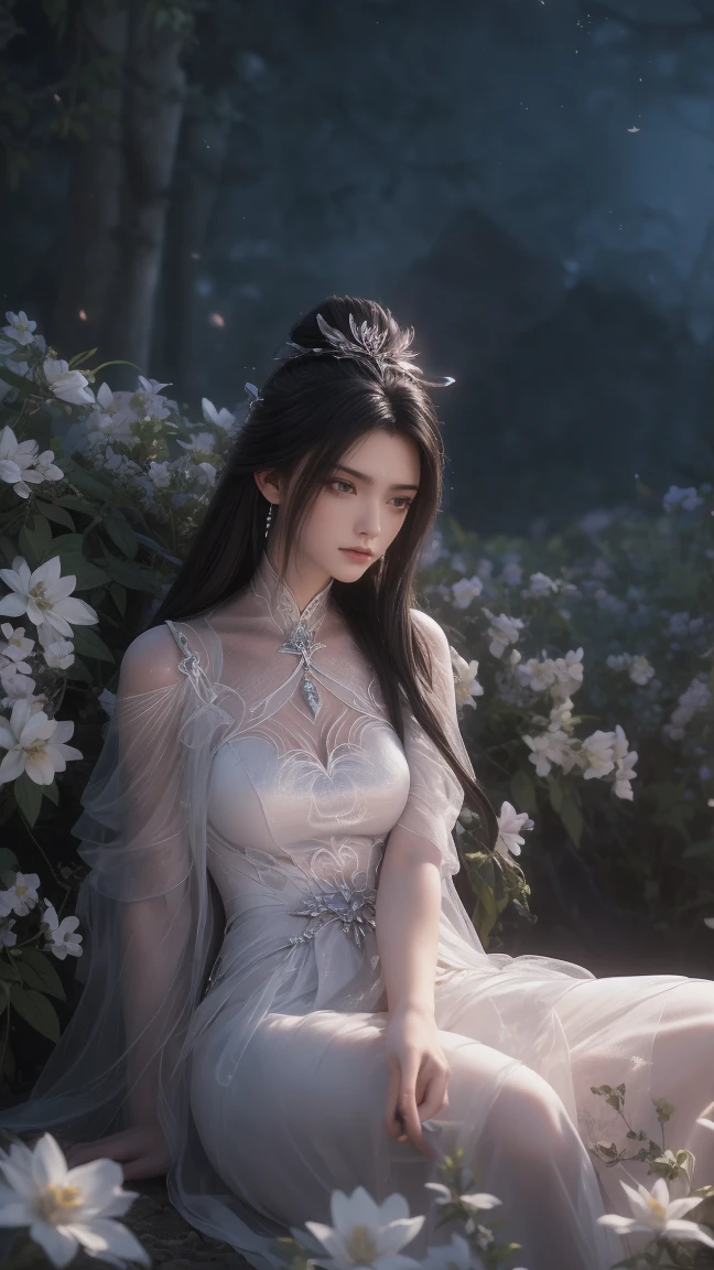 1girl, girl with long black hair, smiling, cheerful, the girl wearing white long dress, girl is lying among a wide expanse of flowers,girl posing gracefully , surrounded by beautiful flowers, Calm and peaceful atmosphere, night, moonlight , Beautiful glowing butterflies surround the girl lighting up the darkness of the night, magic,Romantic, the night breeze blows the Sepoi Sepoi girl's hair, 