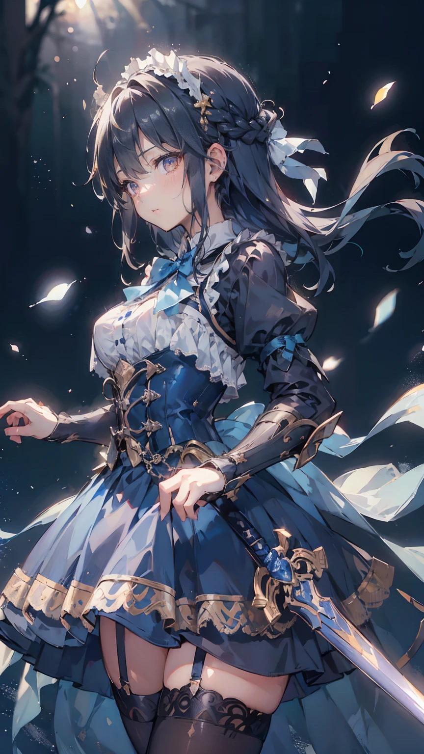 Black-haired girl，Indifferent girl，Golden pupils，Black long hair，braid，braid，脑后braid，Lolita skirt，Blue Lolita Dress，Lolita style，Close-up above the waist，Close-up above the waist，Blue Skirt，Blue Skirt，Blue Skirt，Blue Skirt，蓝白Lolita skirt，Blue Dress，Blue Dress，Red bow tie，Red bow tie，单条braid，单条braid，短braid，Repressive style，Garter stockings，Garter stockings，Garter stockings，Big breasts，Great Sword，手持Great Sword，手持Great Sword，Great Sword