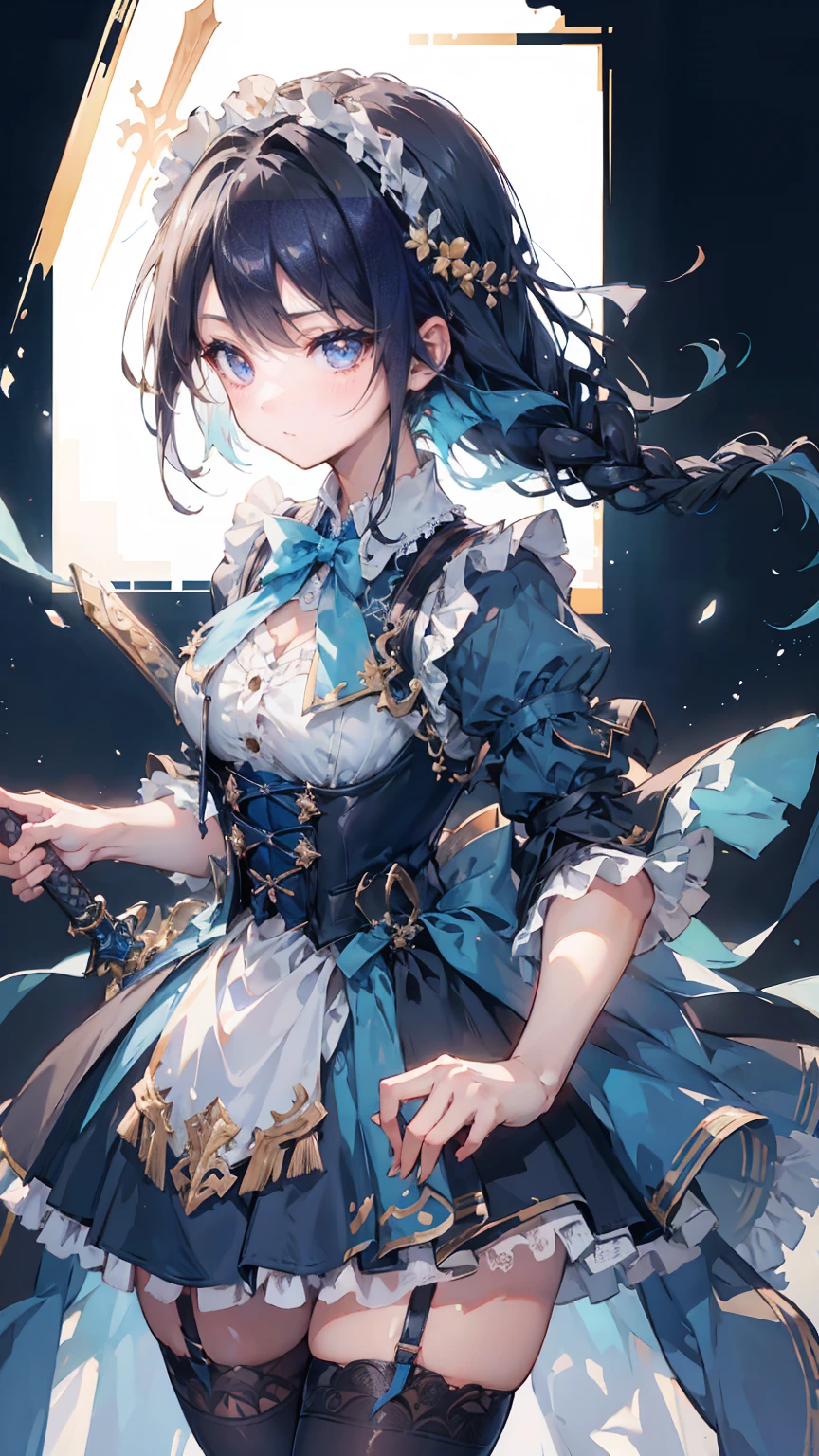 Black-haired girl，Indifferent girl，Golden pupils，Black long hair，braid，braid，脑后braid，Lolita skirt，Blue Lolita Dress，Lolita style，Close-up above the waist，Close-up above the waist，Blue Skirt，Blue Skirt，Blue Skirt，Blue Skirt，蓝白Lolita skirt，Blue Dress，Blue Dress，Red bow tie，Red bow tie，单条braid，单条braid，短braid，Repressive style，Garter stockings，Garter stockings，Garter stockings，Big breasts，Great Sword，手持Great Sword，手持Great Sword，Great Sword