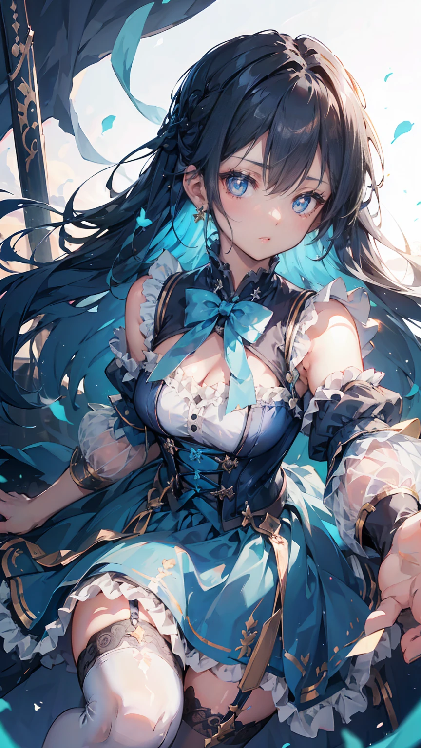 Black-haired girl，Indifferent girl，Golden pupils，Black long hair，braid，braid，脑后braid，Lolita skirt，Blue Lolita Dress，Lolita style，Close-up above the waist，Close-up above the waist，Blue Skirt，Blue Skirt，Blue Skirt，Blue Skirt，蓝白Lolita skirt，Blue Dress，Blue Dress，Red bow tie，Red bow tie，单条braid，单条braid，短braid，Repressive style，Garter stockings，Garter stockings，Garter stockings，Big breasts，Great Sword，手持Great Sword，手持Great Sword，Great Sword