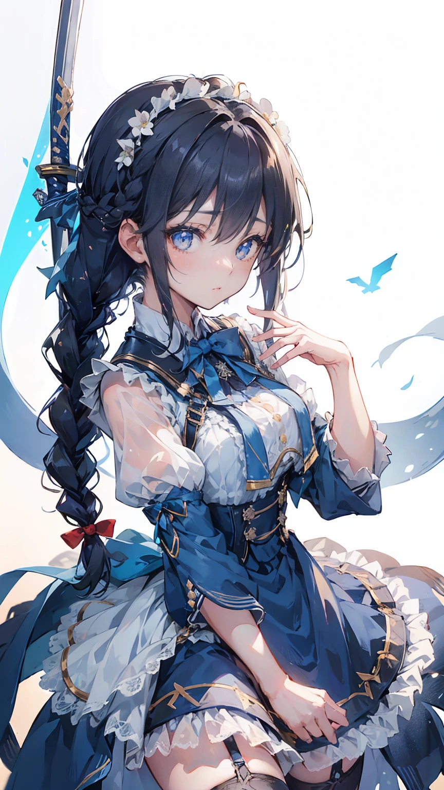 Black-haired girl，Indifferent girl，Golden pupils，Black long hair，braid，braid，脑后braid，Lolita skirt，Blue Lolita Dress，Lolita style，Close-up above the waist，Close-up above the waist，Blue Skirt，Blue Skirt，Blue Skirt，Blue Skirt，蓝白Lolita skirt，Blue Dress，Blue Dress，Red bow tie，Red bow tie，单条braid，单条braid，短braid，Repressive style，Garter stockings，Garter stockings，Garter stockings，Big breasts，Great Sword，手持Great Sword，手持Great Sword，Great Sword