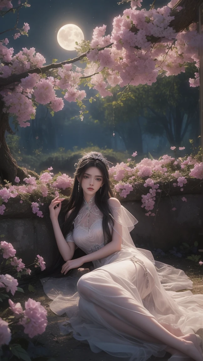 1girl, girl with long black hair, smiling, cheerful, the girl wearing white long dress, girl is lie down among a wide expanse of flowers,girl posing gracefully , surrounded by beautiful flowers, Calm and peaceful atmosphere, night, moonlight , Beautiful glowing butterflies surround the girl lighting up the darkness of the night, magic,Romantic, the night breeze blows the Sepoi Sepoi girl's hair, 