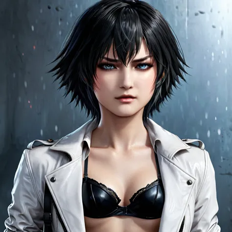 beautyful woman, lady (from devil may cry 5:1.1), white jacket, black panties, black hair, short hair