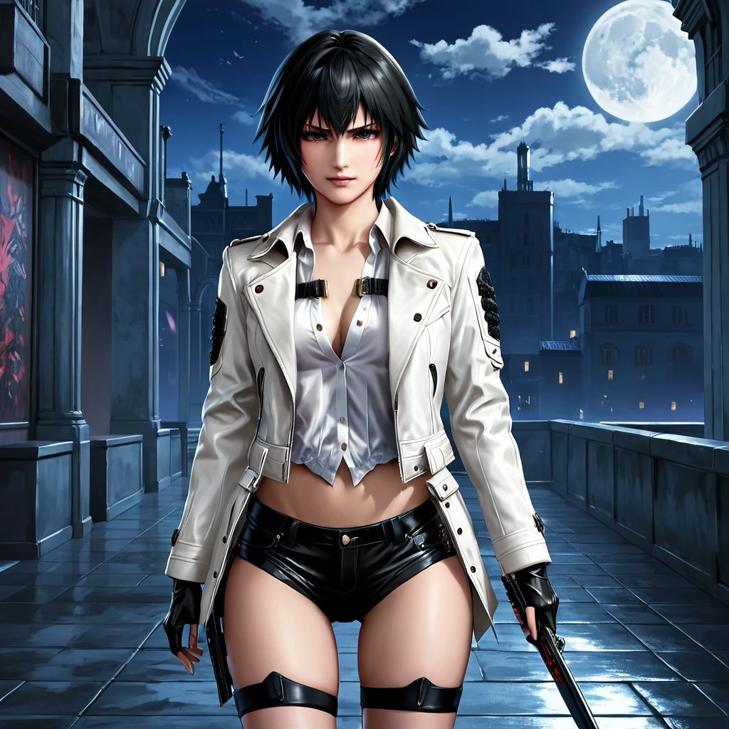 beautyful woman, lady (from devil may cry 5:1.1), white jacket, black panties, black hair, short hair