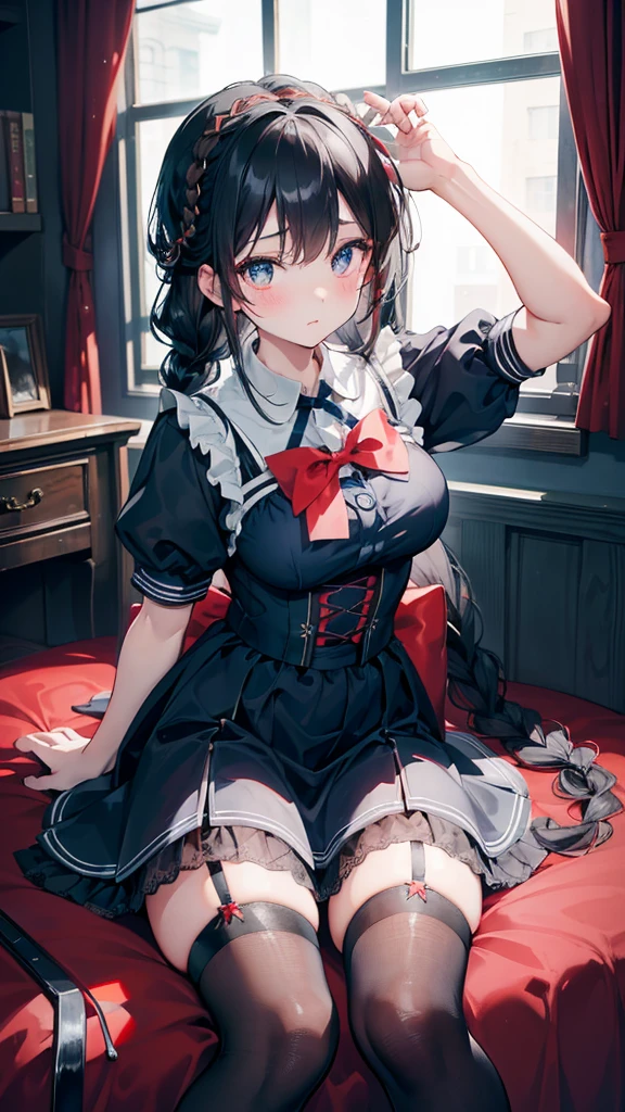 Black-haired girl，Indifferent girl，Golden pupils，Black long hair，braid，braid，脑后braid，Lolita skirt，Blue Lolita Dress，Lolita style，Blue Skirt，Blue Skirt，Blue Skirt，Blue Skirt，蓝白Lolita skirt，Blue Dress，Blue Dress，Red bow tie，Red bow tie，Red bow tie，Red bow tie，Red bow tie，单条braid，单条braid，短braid，Repressive style，Garter stockings，Garter stockings，Garter stockings，Big breasts，Great Sword，手持Great Sword，手持Great Sword，Great Sword