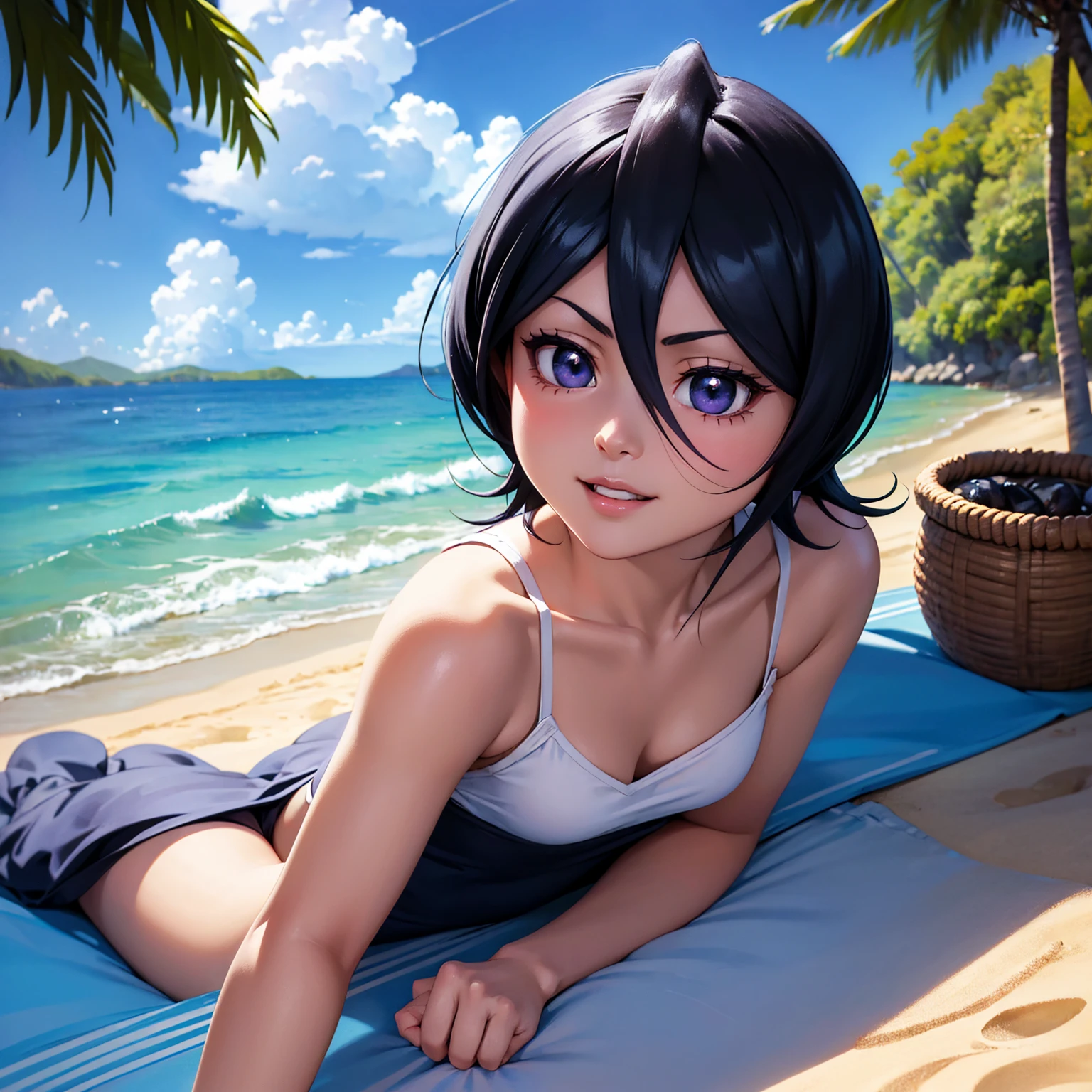 ((trabalho ultra detalhado)) , ((cores vibrantes do sol iluminando)) , ((rosto detalhado)) , ((corpo detalhado)) uma jovem linda deitada na praia com um lindo sorriso. Rukia Kuchiki