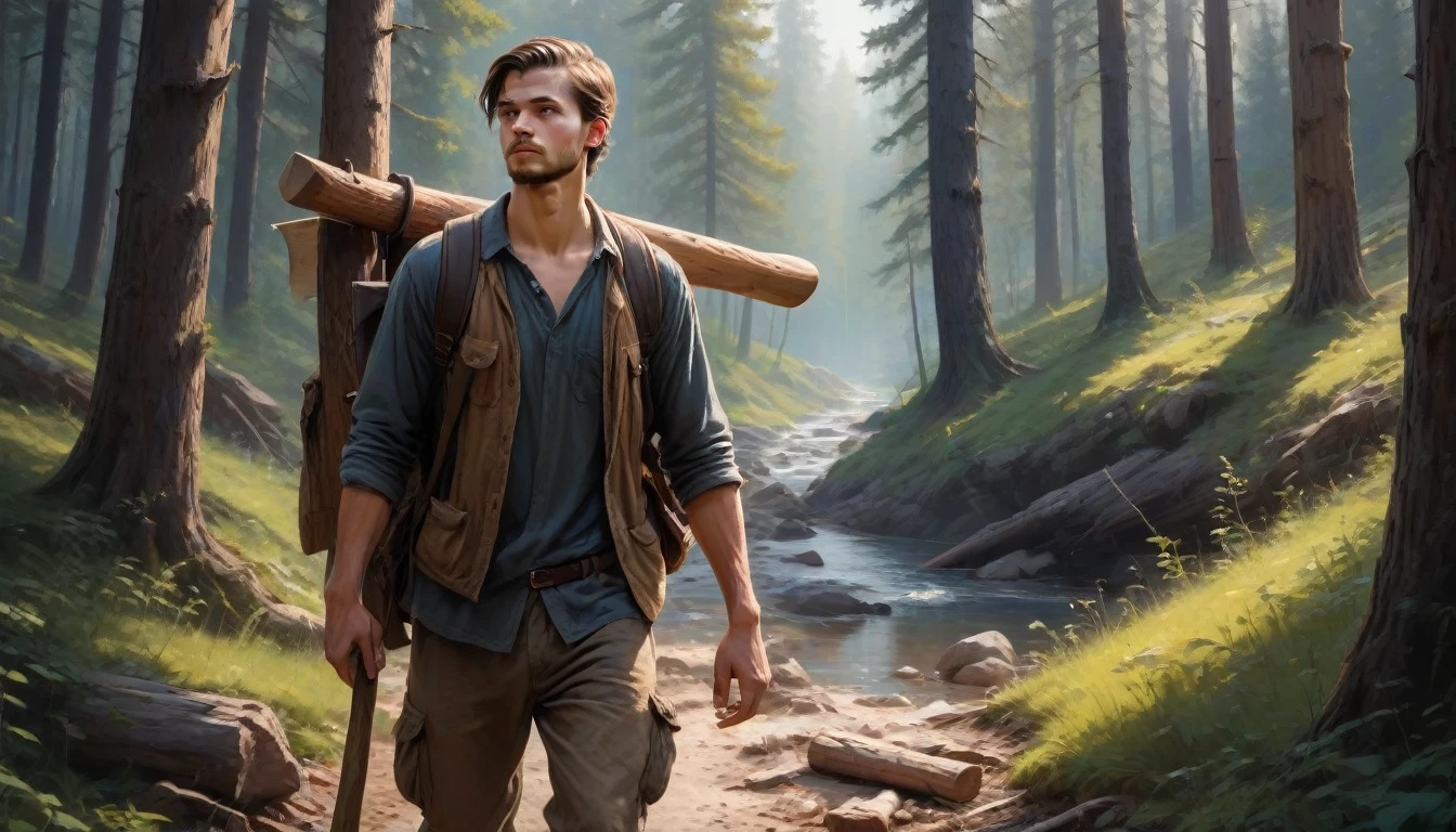 Young man is a lumberjack carrying his axe on shoulder walking into the forest, surounding by trees, moutain view, small village, painting wadim kashin. ultra realistic, super realistic painting style, hyperrealist portrait in a river, realistic oil painting, pools, realistic illustrative painting, realistic painting style