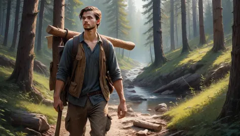 young man is a lumberjack carrying his axe on shoulder walking into the forest, surounding by trees, moutain view, small village...