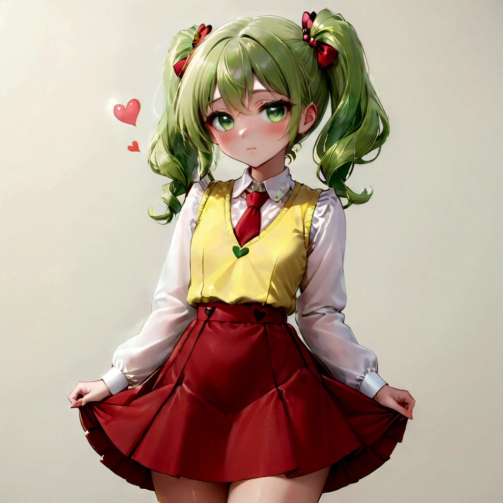 chedevr, Best quality at its best, Ultra-high detail, heart-formed , ,  Sonozaki Mion, green hair, green-eyed, ponytails, White shirt, Red tie, yellow vest, Red dress, Skirt lift, , formed