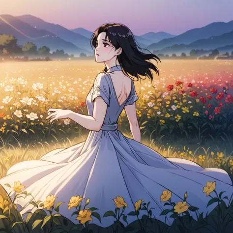 a beautiful korean idol woman in an open field of flowers, (best quality,4k,8k,highres,masterpiece:1.2),ultra-detailed,(realisti...