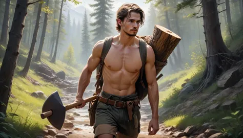 young man is a lumberjack carrying his axe on shoulder walking into the forest, surounding by trees, moutain view, small village...