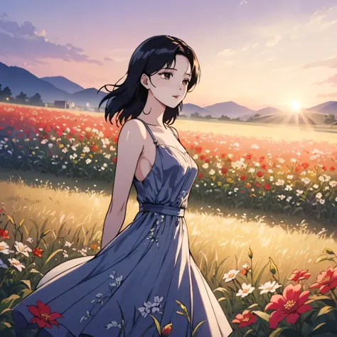 a beautiful korean idol woman in an open field of flowers, (best quality,4k,8k,highres,masterpiece:1.2),ultra-detailed,(realisti...