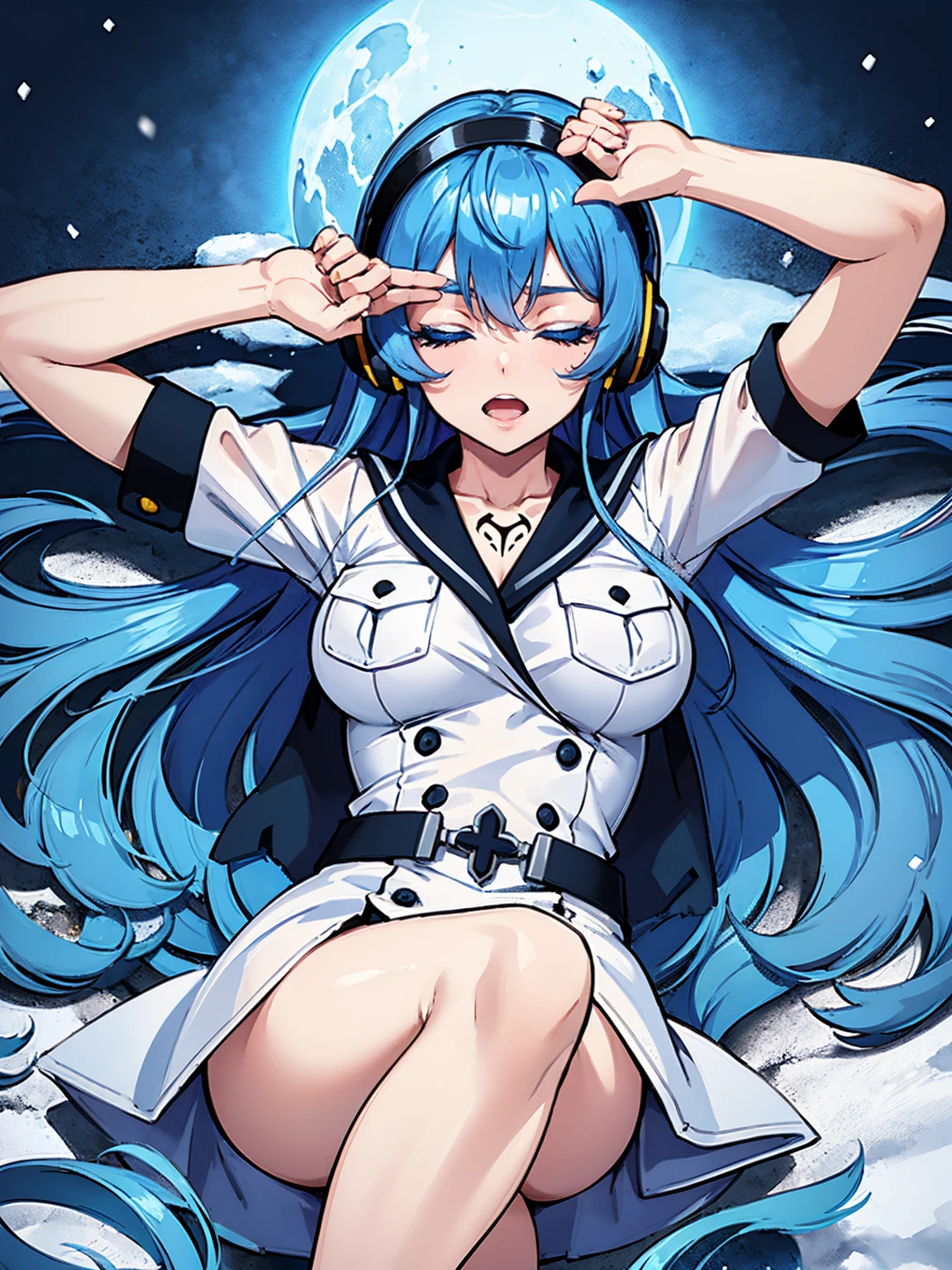 (artwork, best quality) a girl with long blue hair, closed eyes, blue eyelashes, white sailor suit, big breasts, perfect body, beautiful eyes, good waist, tattoo, screaming with joy, arms and legs open, listening to music with a headset, lying in the snow