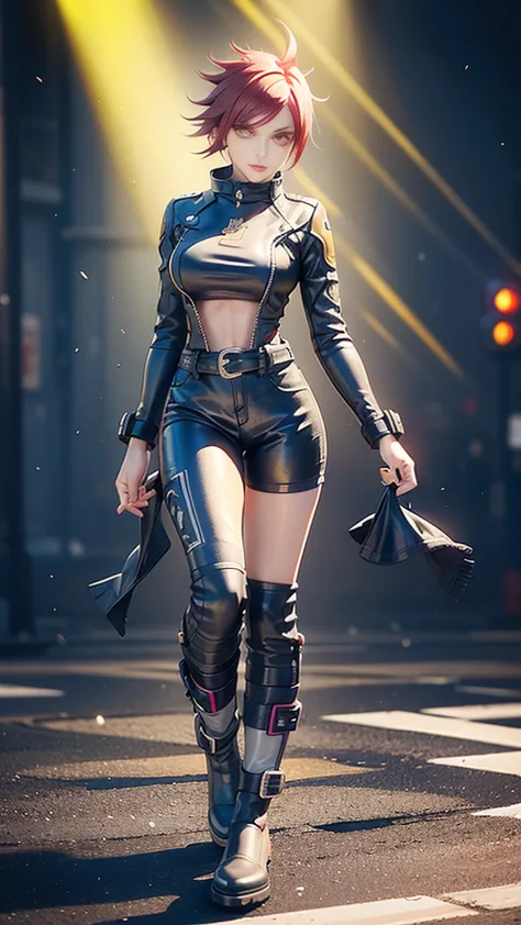 biker Rocker girl, motorcycle, Leather garment, Short hair, yellow glowing eyes, Dark colors, leather waist, ultra detailed face...