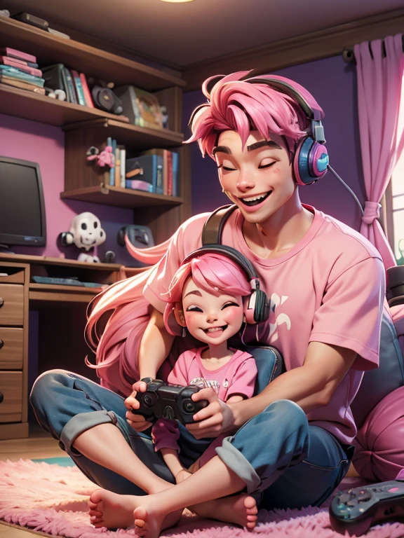 a woman with pink hair with headphones sitting on the floor with a video game controller in one hand, he is laughing, happy, smiling. He's in her room.
