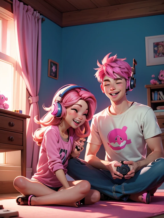 a woman with pink hair with headphones sitting on the floor with a video game controller in one hand, he is laughing, happy, smiling. He's in her room.
