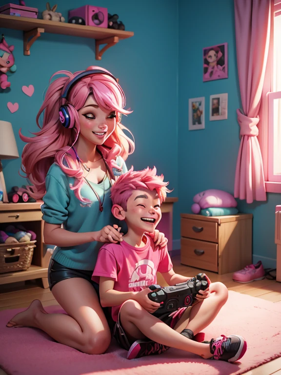 a woman with pink hair with headphones sitting on the floor with a video game controller in one hand, he is laughing, happy, smiling. He's in her room.
