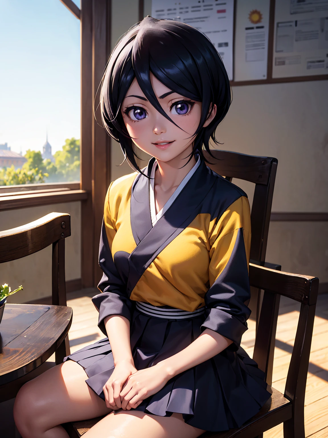 ((trabajo ultra detallado)) , ((colores vivos iluminados por el sol)) , ((cara detallada)) , ((cuerpo detallado)) Una joven hermosa niña sentada en la escuela con una hermosa sonrisa.. Rukia Kuchiki