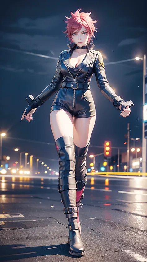 biker Rocker girl, motorcycle, Leather garment, Short hair, yellow glowing eyes, Dark colors, leather waist, ultra detailed face...