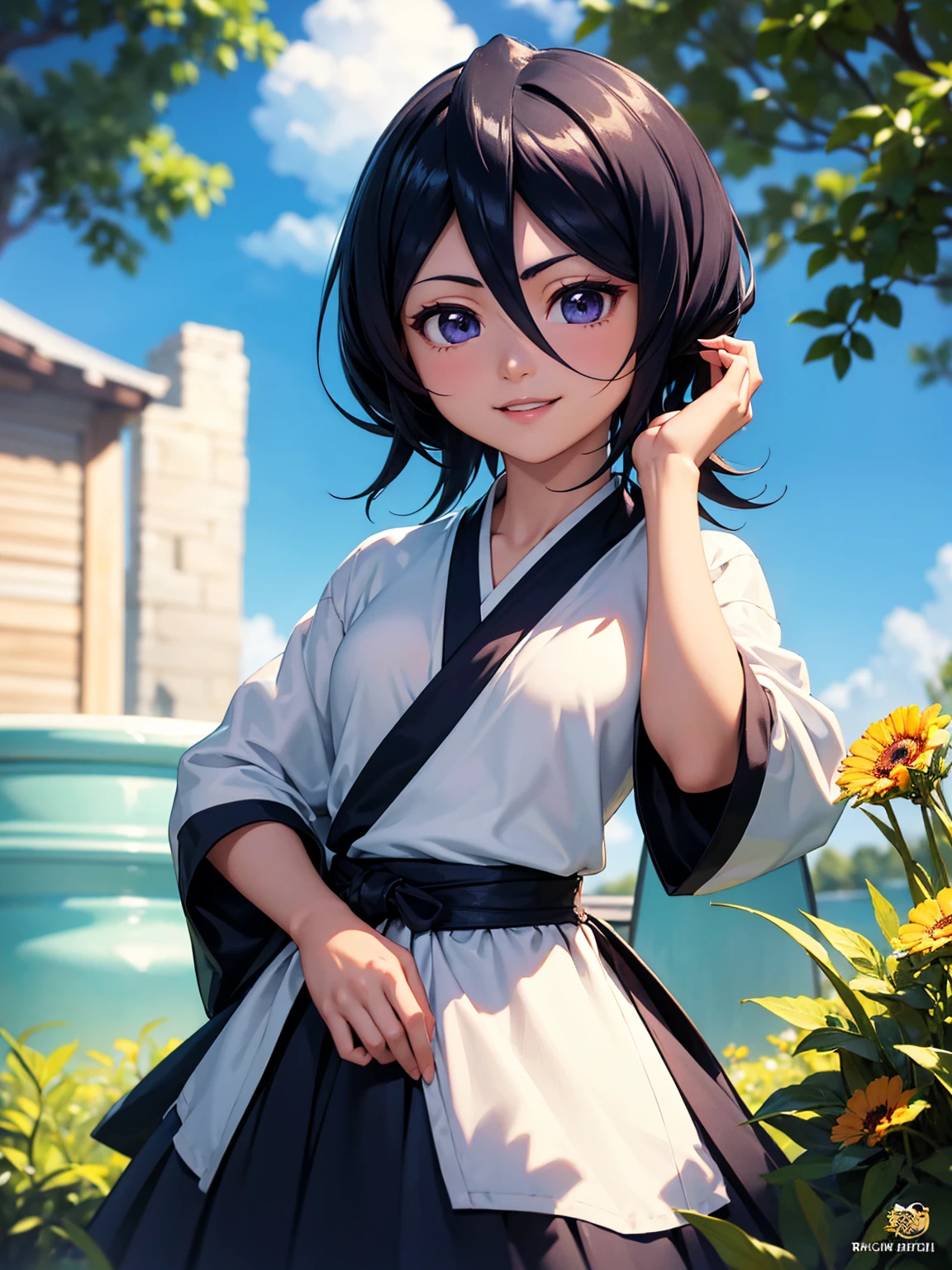 ((travail ultra détaillé)) , ((couleurs vives soleil éclairant)) , ((visage détaillé)) , ((Corps détaillé)) une jeune fille belle arrangeant ses cheveux avec un beau sourire. Rukia Kuchiki