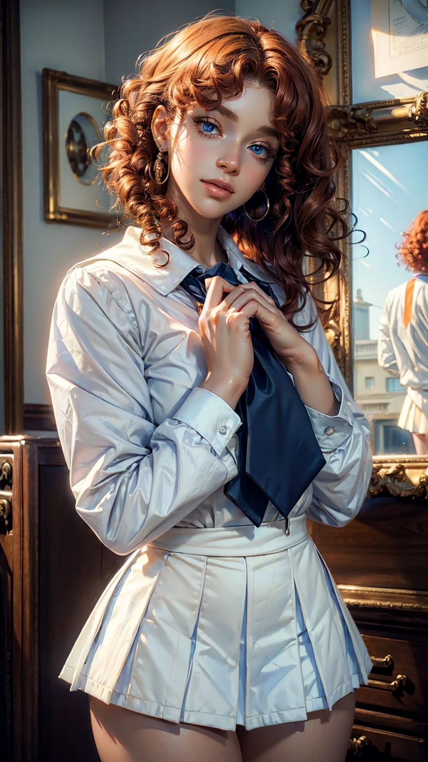 Super detailed, masterpiece, High resolution, Photorealistic digital art, perfect lighting, (((1 girl, perfect anatomy))), accurate right hand, accurate left hand, five fingers, perfect style, (Suletta Marcury), 3d face, big blue eyes, Detailed and beautiful eyes, glossy lips, Red curly hair, Beautiful brown skin, shiny skin, shy smile, (((white School uniform))), 