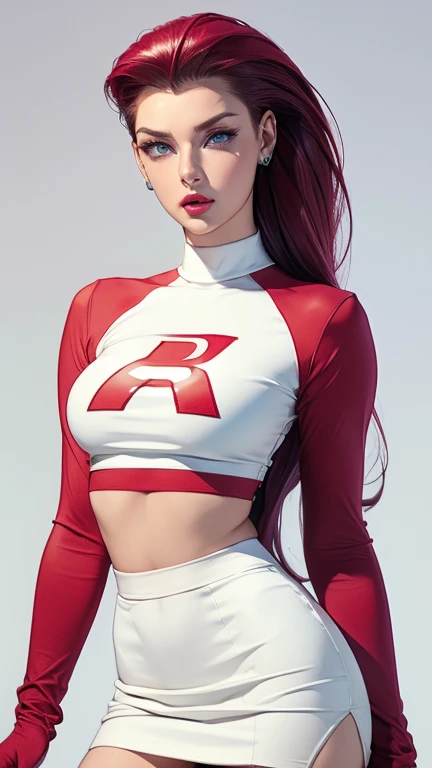 hermosa chica en pie sexy, ((pelo peinado hacia atrás, pelo largo,)), Grandes ojos azules, brillo de labios rojo, cuerpo perfecto, Equipo Rocket ,Equipo Rocket uniform ,falda blanca,top corto,muslos,guantes de codo, obra maestra, alta resolución, ((fondo liso:1.3))