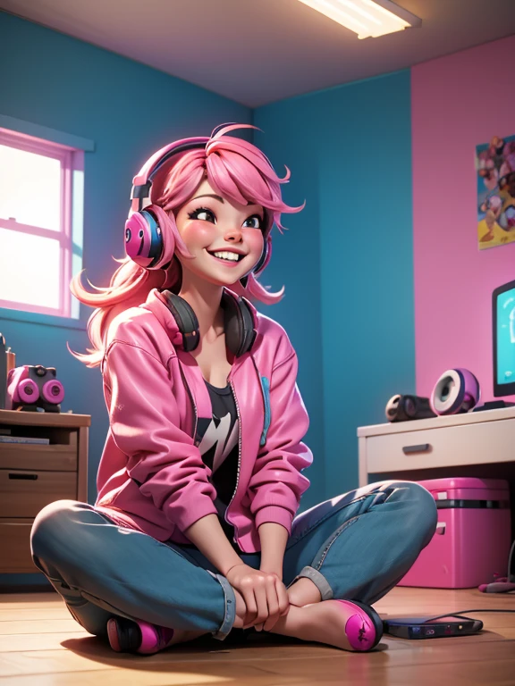 a woman with pink hair with headphones sitting on the floor with a video game controller in one hand, she is laughing, happy, smiling. She is alone in the room.