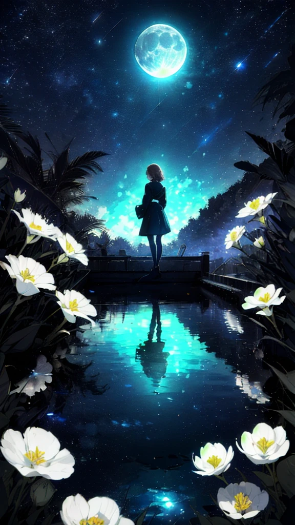 Une fille, Solitaire, Tenez-vous debout sur l&#39;eau, surface réfléchissante, , oreille de chat, (affiche:0.76), (feuilles de palmier),  fleurs blanches, (Lueur de lumière bleue:1.2), nuit, Thème sombre, ciel étoilé, rêve，Clair de lune