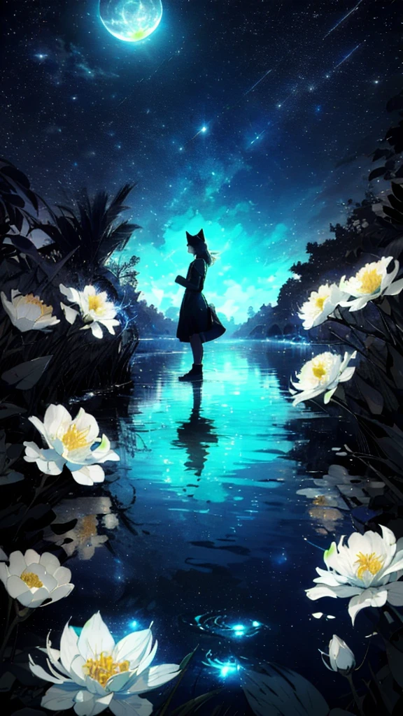 A girl, Solitary, Stand on the water, Reflective surface, , Cat ear, (poster:0.76), (Palm leaves),  White flowers, (Blue light glow:1.2), night, Dark theme, Starry Sky, dream，moonlight