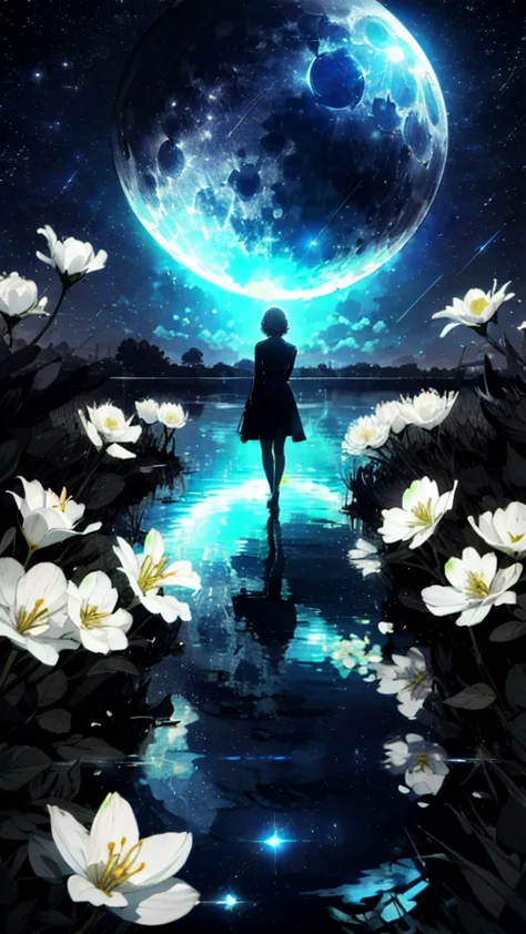 A girl, Solitary, Stand on the water, Reflective surface, , Cat ear, (poster:0.76), (Palm leaves),  White flowers, (Blue light g...