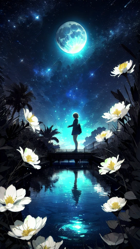 Une fille, Solitaire, Tenez-vous debout sur l&#39;eau, surface réfléchissante, , oreille de chat, (affiche:0.76), (feuilles de palmier),  fleurs blanches, (Lueur de lumière bleue:1.2), nuit, Thème sombre, ciel étoilé, rêve，Clair de lune