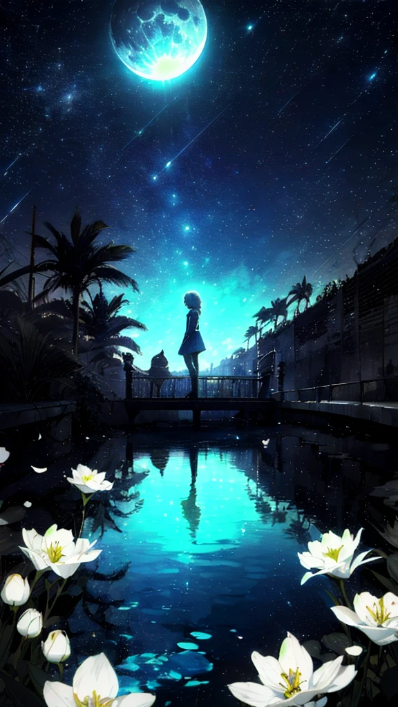 A girl, Solitary, Stand on the water, Reflective surface, , Cat ear, (poster:0.76), (Palm leaves),  White flowers, (Blue light glow:1.2), night, Dark theme, Starry Sky, dream，moonlight