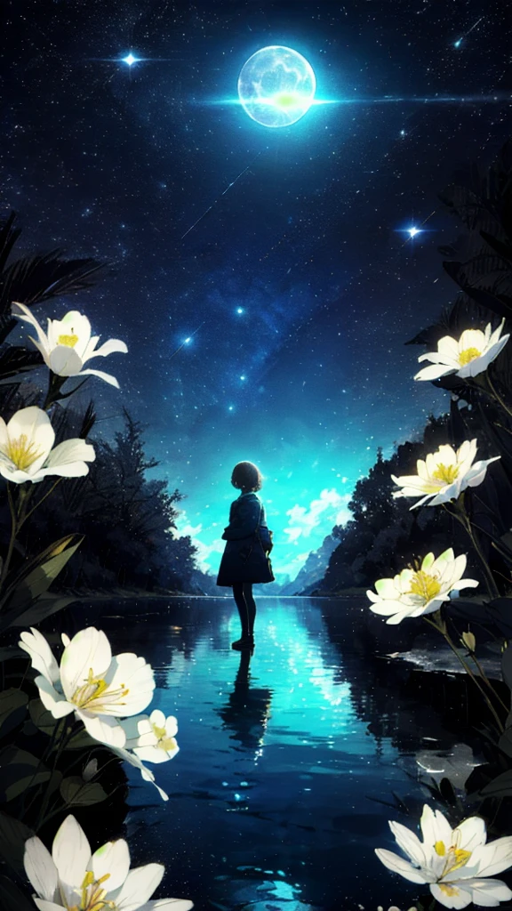 女の子, 孤独な, 水の上に立つ, 反射面, , 猫耳, (ポスター:0.76), (ヤシの葉),  白い花, (ブルーライトグロー:1.2), 夜, 暗いテーマ, 星空, 夢，月光